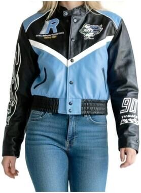 Smoke Rise Red Women's Cropped Faux Leather Racing Jacket Blue Size Large